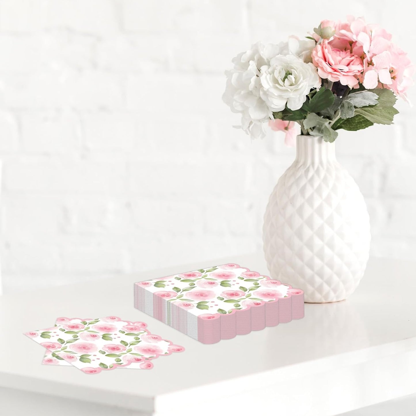 Whaline 100 Pcs Spring Floral Cocktail Napkins Pink Rose Flower Scalloped Paper Napkin Disposable Party Dessert Napkin for Wedding Bridal Baby Shower Birthday Tea Party Supplies Table Decor