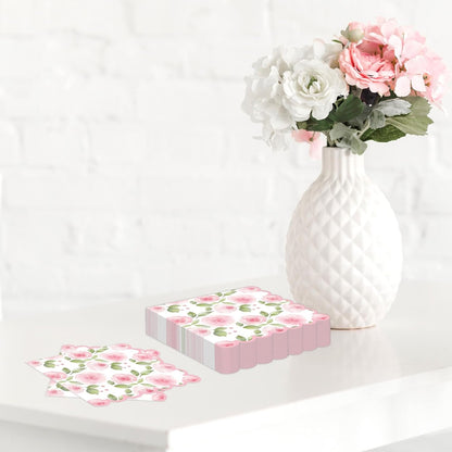 Whaline 100 Pcs Spring Floral Cocktail Napkins Pink Rose Flower Scalloped Paper Napkin Disposable Party Dessert Napkin for Wedding Bridal Baby Shower Birthday Tea Party Supplies Table Decor