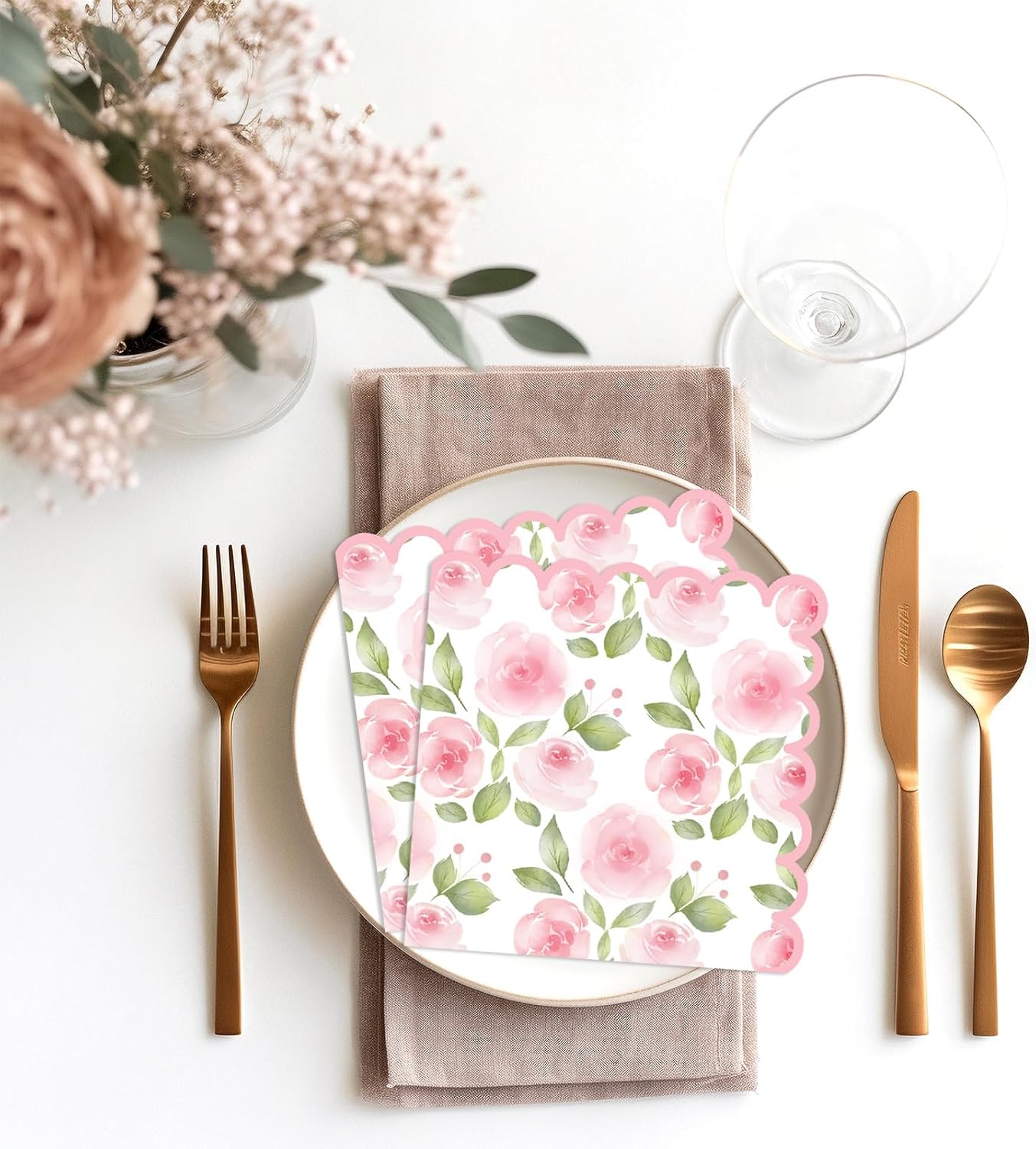 Whaline 100 Pcs Spring Floral Cocktail Napkins Pink Rose Flower Scalloped Paper Napkin Disposable Party Dessert Napkin for Wedding Bridal Baby Shower Birthday Tea Party Supplies Table Decor