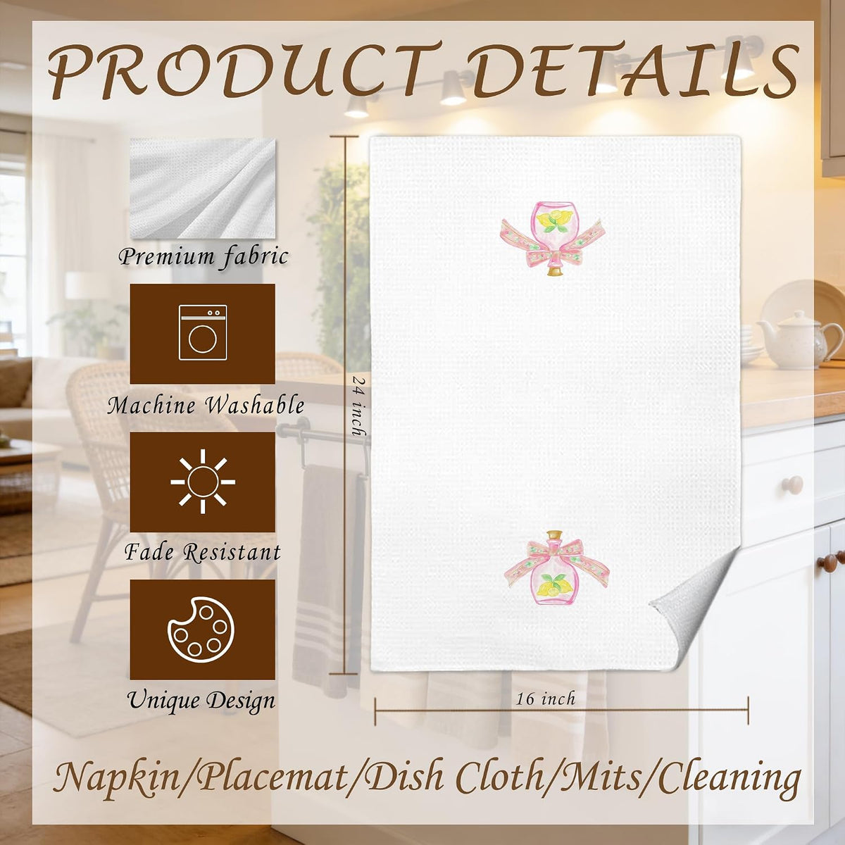 Coquette Pastel Bow Lemon Perfume Bathroom Hand Towels 16x24 in, Pink Girly Bathroom Decor, Trendy Preppy Decorative Hand Tea Dish Towels for Washroom Powder Room Vanity