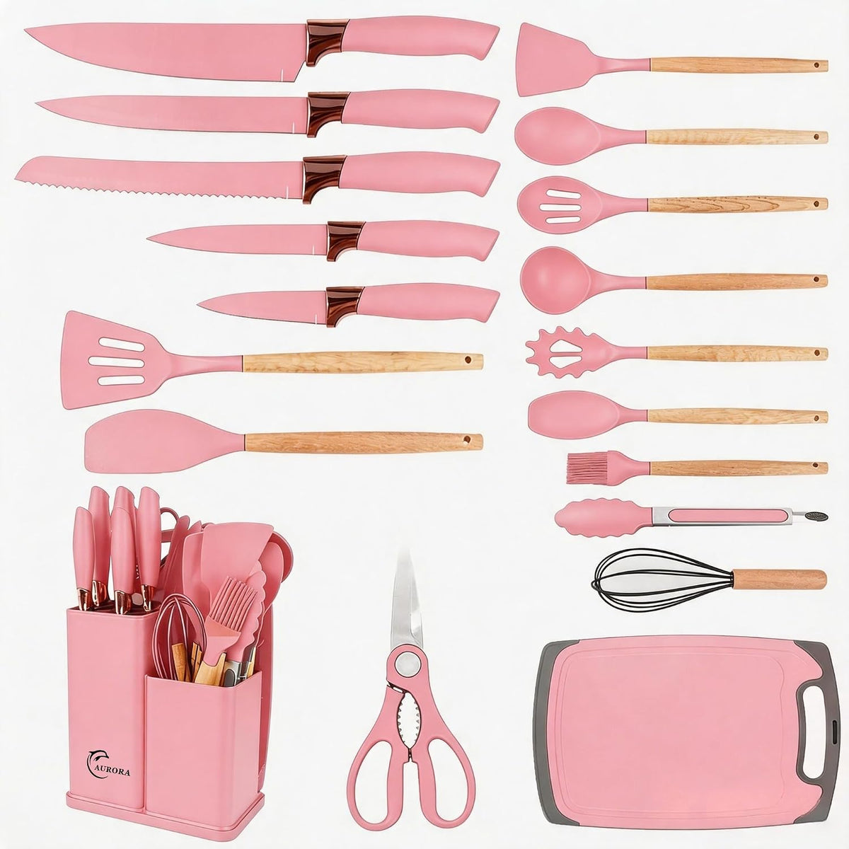 19 Piece Kitchen Utensil Set with Knife Set & Holder, Silicone Cooking Utensil Set with Wooden Handle, Heat Resistant Kitchen Tools Set for Nonstick Cookware Pink