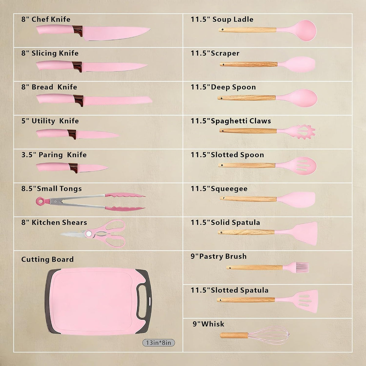 19 Piece Kitchen Utensil Set with Knife Set & Holder, Silicone Cooking Utensil Set with Wooden Handle, Heat Resistant Kitchen Tools Set for Nonstick Cookware Pink