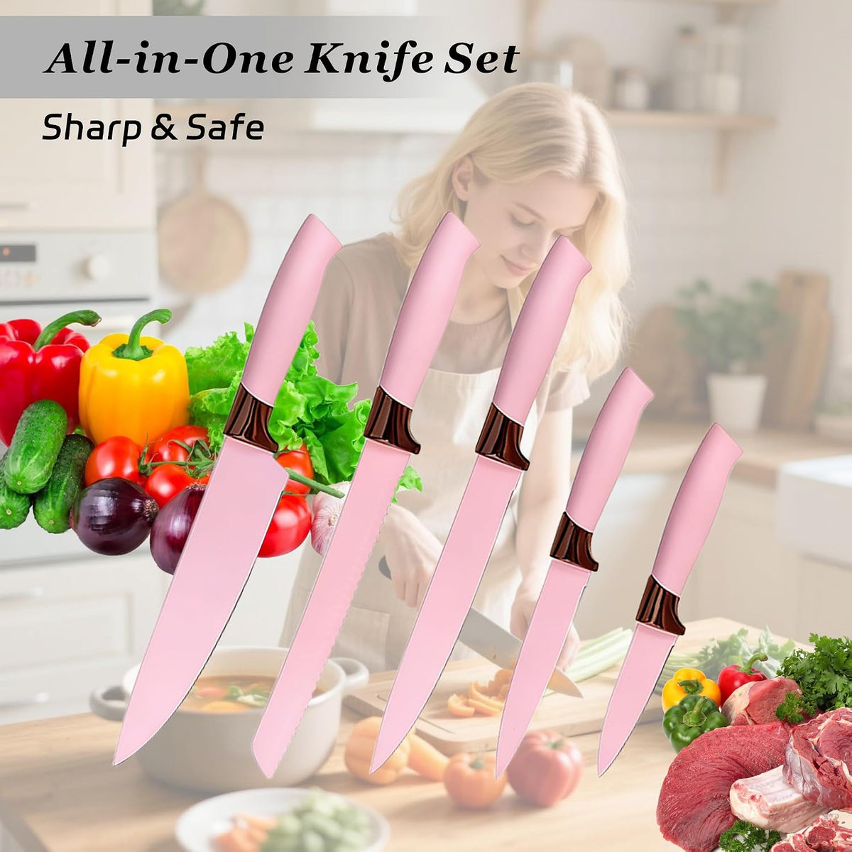 19 Piece Kitchen Utensil Set with Knife Set & Holder, Silicone Cooking Utensil Set with Wooden Handle, Heat Resistant Kitchen Tools Set for Nonstick Cookware Pink