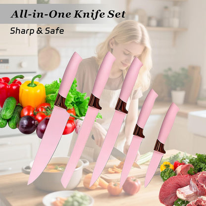 19 Piece Kitchen Utensil Set with Knife Set & Holder, Silicone Cooking Utensil Set with Wooden Handle, Heat Resistant Kitchen Tools Set for Nonstick Cookware Pink
