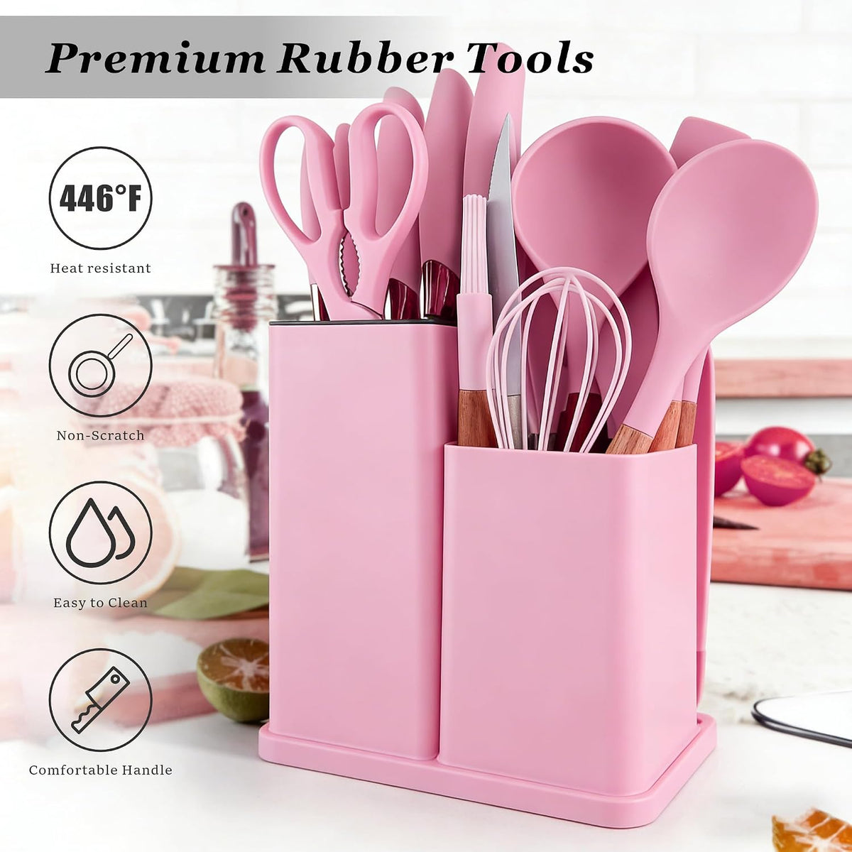 19 Piece Kitchen Utensil Set with Knife Set & Holder, Silicone Cooking Utensil Set with Wooden Handle, Heat Resistant Kitchen Tools Set for Nonstick Cookware Pink