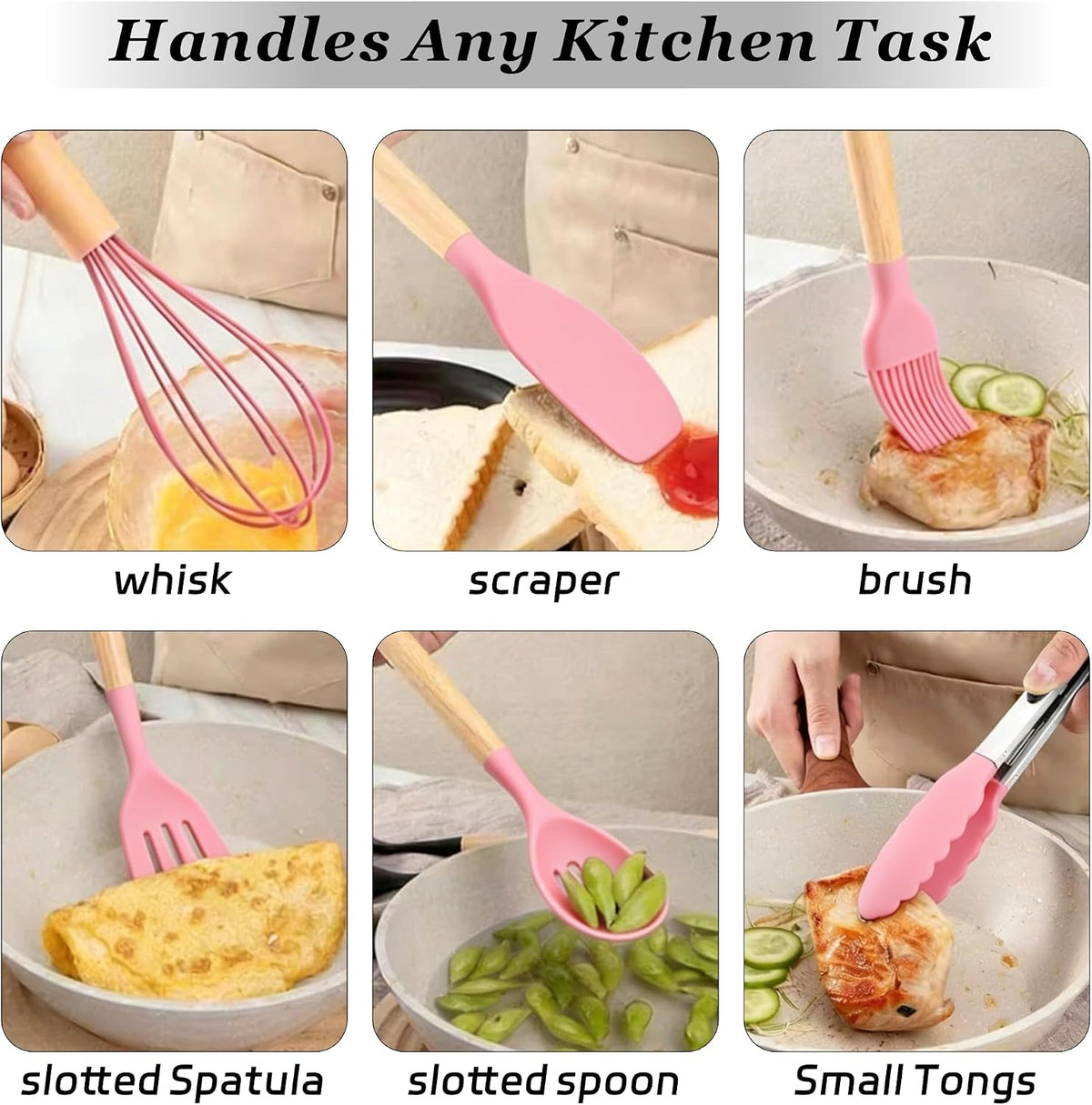 19 Piece Kitchen Utensil Set with Knife Set & Holder, Silicone Cooking Utensil Set with Wooden Handle, Heat Resistant Kitchen Tools Set for Nonstick Cookware Pink