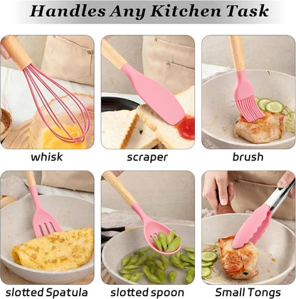 19 Piece Kitchen Utensil Set with Knife Set & Holder, Silicone Cooking Utensil Set with Wooden Handle, Heat Resistant Kitchen Tools Set for Nonstick Cookware Pink