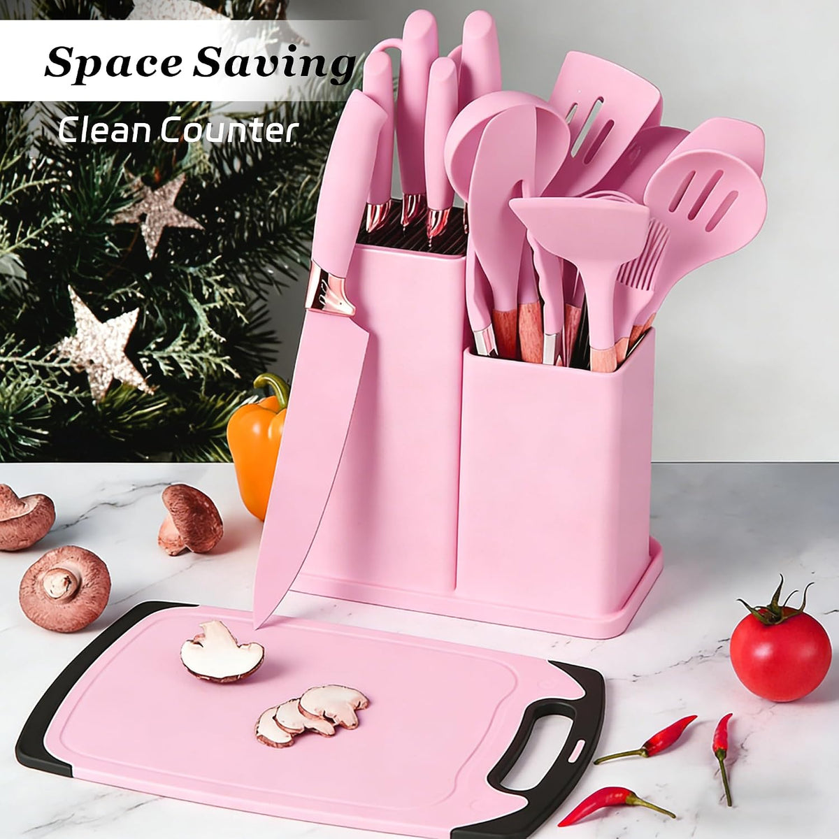 19 Piece Kitchen Utensil Set with Knife Set & Holder, Silicone Cooking Utensil Set with Wooden Handle, Heat Resistant Kitchen Tools Set for Nonstick Cookware Pink