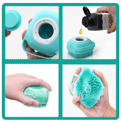 Pet Grooming Bath Massage Brush with Soap and Shampoo Dispenser Soft Silicone Bristle for Long Short Haired Dogs Cats Shower (Pink)