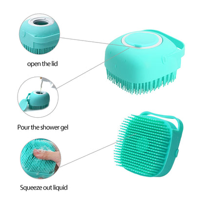 Pet Grooming Bath Massage Brush with Soap and Shampoo Dispenser Soft Silicone Bristle for Long Short Haired Dogs Cats Shower (Pink)