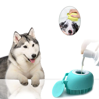 Pet Grooming Bath Massage Brush with Soap and Shampoo Dispenser Soft Silicone Bristle for Long Short Haired Dogs Cats Shower (Pink)