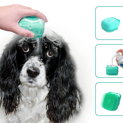 Pet Grooming Bath Massage Brush with Soap and Shampoo Dispenser Soft Silicone Bristle for Long Short Haired Dogs Cats Shower (Pink)