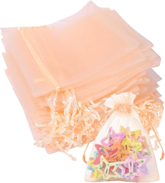 100Pcs Peach Organza Bags,3x4 Inch Small Mesh Drawstring Bags
