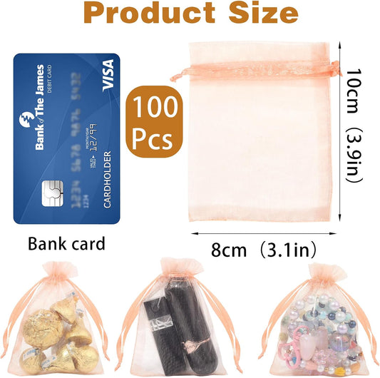 100Pcs Peach Organza Bags,3x4 Inch Small Mesh Drawstring Bags