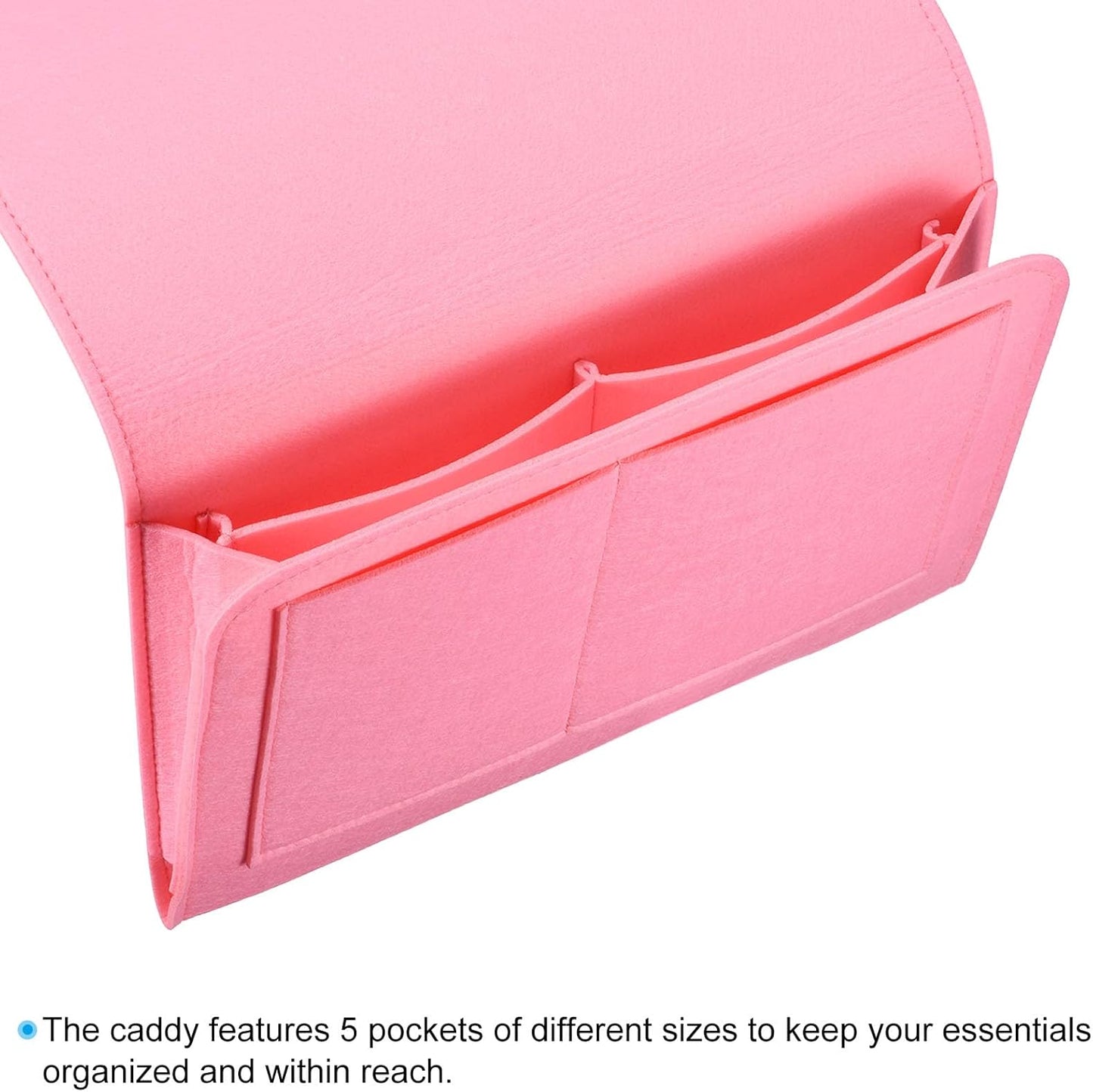 13in Bedside Caddy, Bed Caddy Bedside Organizer Hanging Soft Felt 5 Pockets Bed Pockets Bedside Storage Organizer Remote Control Holder for Bedroom Phones Glasses, Pink
