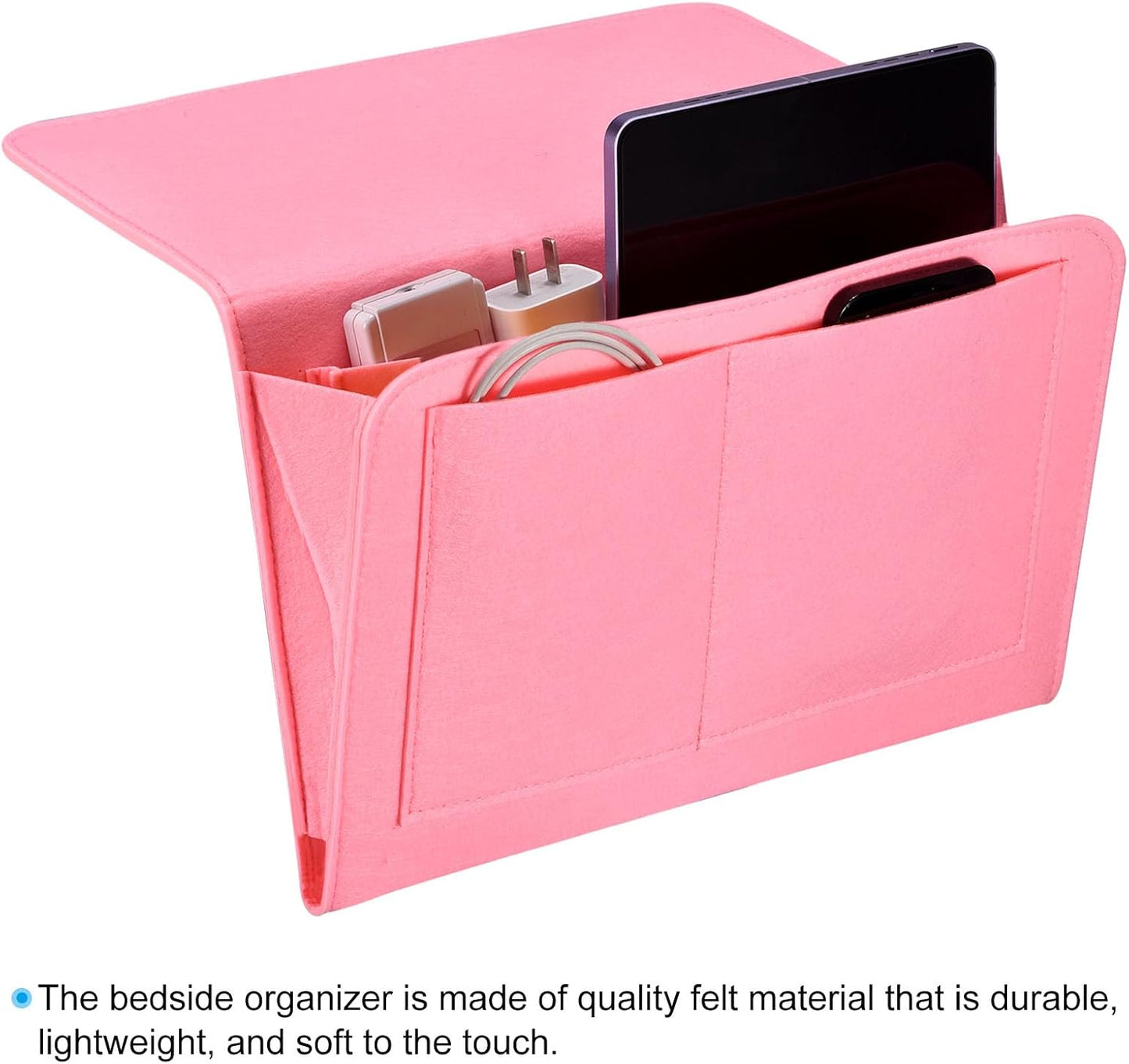 13in Bedside Caddy, Bed Caddy Bedside Organizer Hanging Soft Felt 5 Pockets Bed Pockets Bedside Storage Organizer Remote Control Holder for Bedroom Phones Glasses, Pink