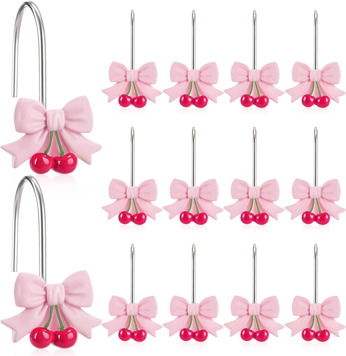 12 Pcs Pink Bow Shower Curtain Hooks Bow Knot Cherry Decorative Shower Curtain Hooks Resin Rust Resistant Glide Bathroom Ring Hangs for Bathroom Bedroom Living Room Art Decor
