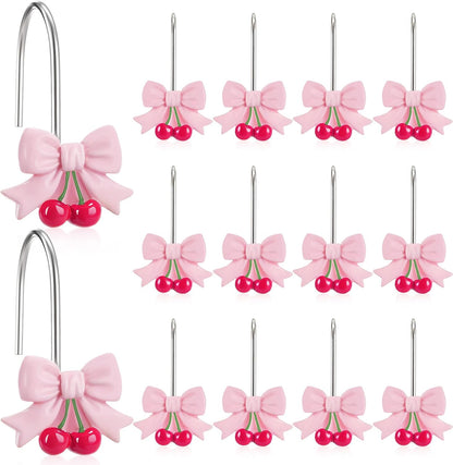12 Pcs Pink Bow Shower Curtain Hooks Bow Knot Cherry Decorative Shower Curtain Hooks Resin Rust Resistant Glide Bathroom Ring Hangs for Bathroom Bedroom Living Room Art Decor