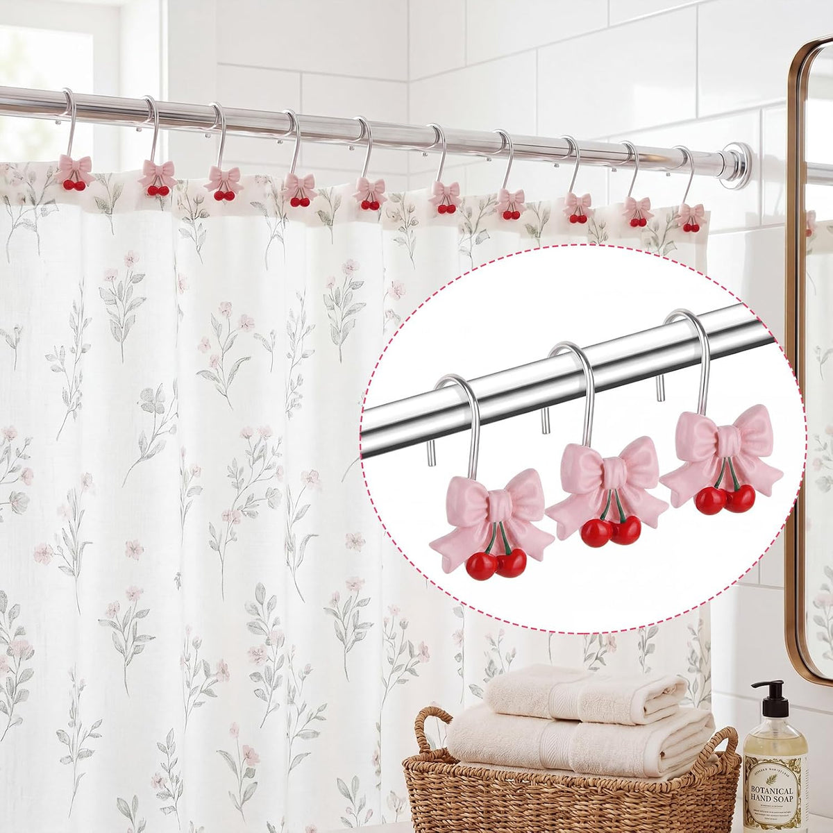 12 Pcs Pink Bow Shower Curtain Hooks Bow Knot Cherry Decorative Shower Curtain Hooks Resin Rust Resistant Glide Bathroom Ring Hangs for Bathroom Bedroom Living Room Art Decor