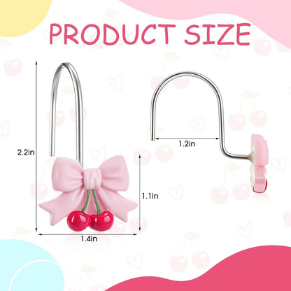 12 Pcs Pink Bow Shower Curtain Hooks Bow Knot Cherry Decorative Shower Curtain Hooks Resin Rust Resistant Glide Bathroom Ring Hangs for Bathroom Bedroom Living Room Art Decor