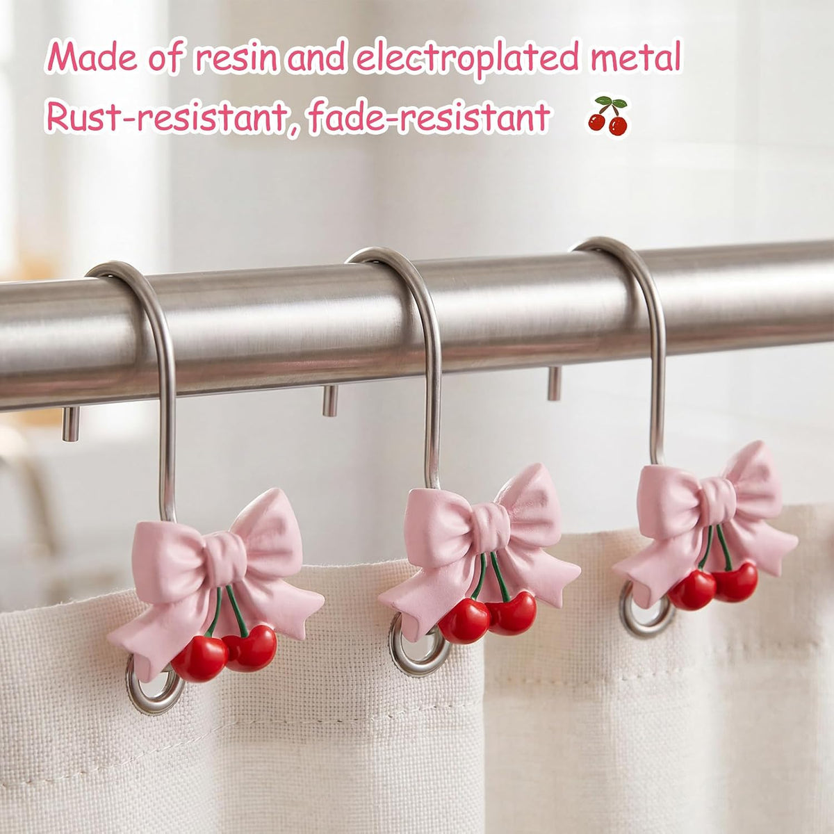 12 Pcs Pink Bow Shower Curtain Hooks Bow Knot Cherry Decorative Shower Curtain Hooks Resin Rust Resistant Glide Bathroom Ring Hangs for Bathroom Bedroom Living Room Art Decor