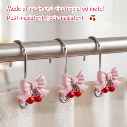 12 Pcs Pink Bow Shower Curtain Hooks Bow Knot Cherry Decorative Shower Curtain Hooks Resin Rust Resistant Glide Bathroom Ring Hangs for Bathroom Bedroom Living Room Art Decor