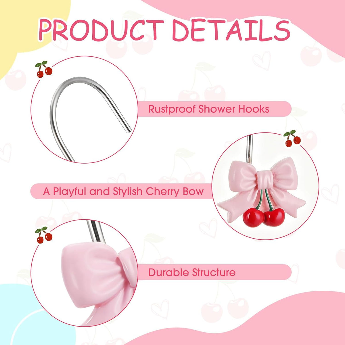 12 Pcs Pink Bow Shower Curtain Hooks Bow Knot Cherry Decorative Shower Curtain Hooks Resin Rust Resistant Glide Bathroom Ring Hangs for Bathroom Bedroom Living Room Art Decor