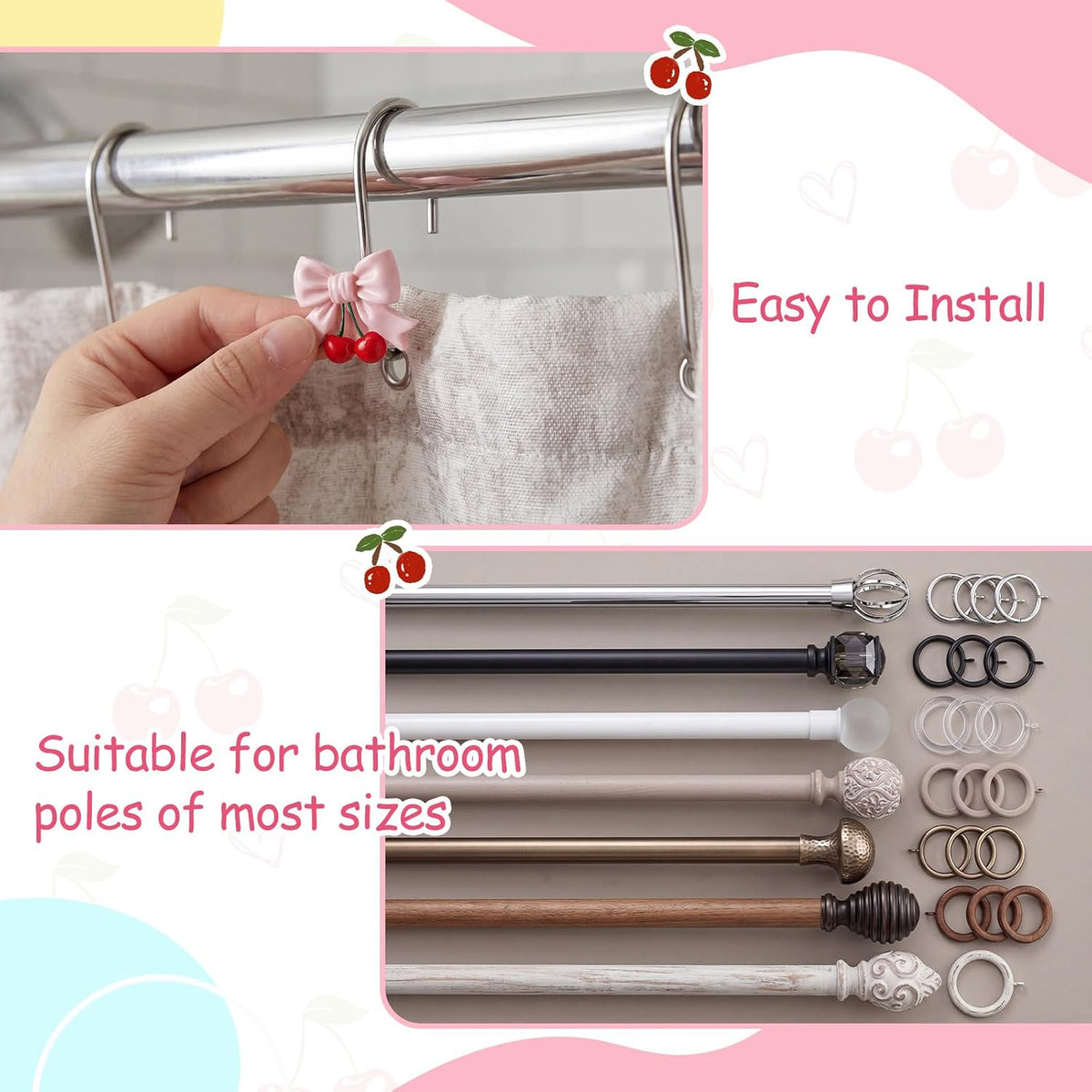 12 Pcs Pink Bow Shower Curtain Hooks Bow Knot Cherry Decorative Shower Curtain Hooks Resin Rust Resistant Glide Bathroom Ring Hangs for Bathroom Bedroom Living Room Art Decor
