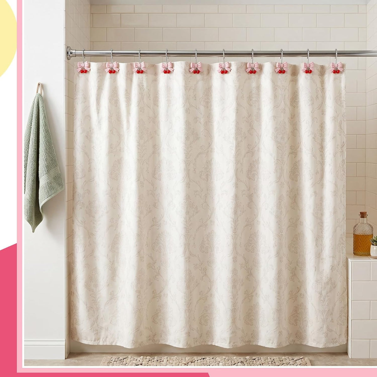 12 Pcs Pink Bow Shower Curtain Hooks Bow Knot Cherry Decorative Shower Curtain Hooks Resin Rust Resistant Glide Bathroom Ring Hangs for Bathroom Bedroom Living Room Art Decor