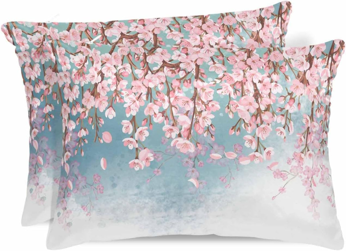 Satin Pillowcase for Hair and Skin, Spring Watercolor Peach Blossom Pink Pillowcases Set of 2 Breathable Cooling Pillow Covers 20"x26" for Sleep Satin Silk Pillow Cover with Hidden Zipper