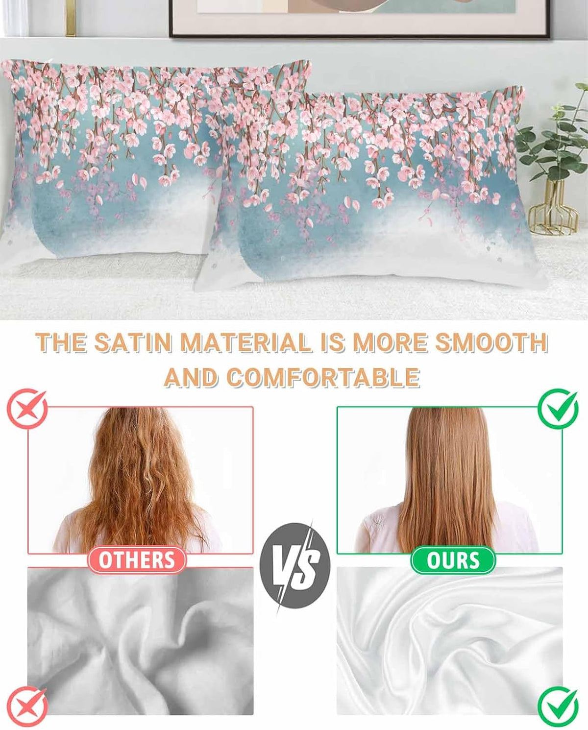 Satin Pillowcase for Hair and Skin, Spring Watercolor Peach Blossom Pink Pillowcases Set of 2 Breathable Cooling Pillow Covers 20"x26" for Sleep Satin Silk Pillow Cover with Hidden Zipper