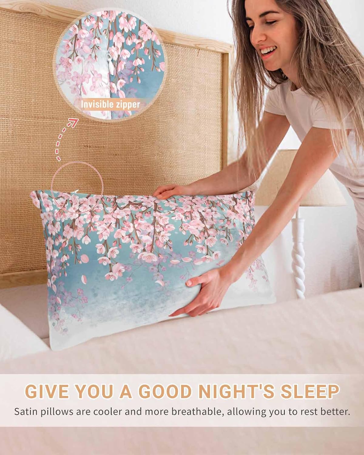 Satin Pillowcase for Hair and Skin, Spring Watercolor Peach Blossom Pink Pillowcases Set of 2 Breathable Cooling Pillow Covers 20"x26" for Sleep Satin Silk Pillow Cover with Hidden Zipper