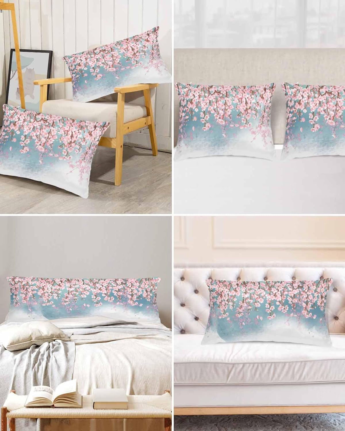 Satin Pillowcase for Hair and Skin, Spring Watercolor Peach Blossom Pink Pillowcases Set of 2 Breathable Cooling Pillow Covers 20"x26" for Sleep Satin Silk Pillow Cover with Hidden Zipper