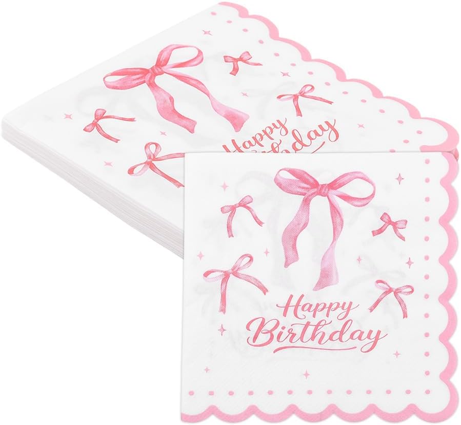 Pink Bow Birthday Napkins for Party Coquette Birthday Decorations for Women Girls Bridal Shower Bachelorette Weeding Party Supplies Bow Theme Cocktail Paper Napkins 20 Pcs