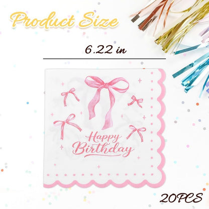 Pink Bow Birthday Napkins for Party Coquette Birthday Decorations for Women Girls Bridal Shower Bachelorette Weeding Party Supplies Bow Theme Cocktail Paper Napkins 20 Pcs