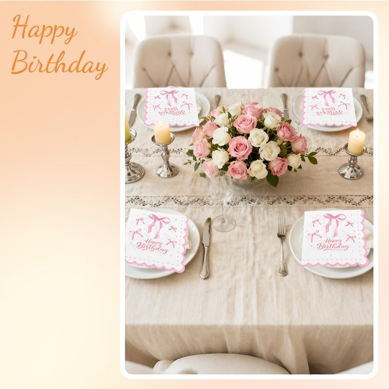 Pink Bow Birthday Napkins for Party Coquette Birthday Decorations for Women Girls Bridal Shower Bachelorette Weeding Party Supplies Bow Theme Cocktail Paper Napkins 20 Pcs