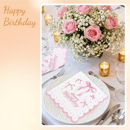 Pink Bow Birthday Napkins for Party Coquette Birthday Decorations for Women Girls Bridal Shower Bachelorette Weeding Party Supplies Bow Theme Cocktail Paper Napkins 20 Pcs