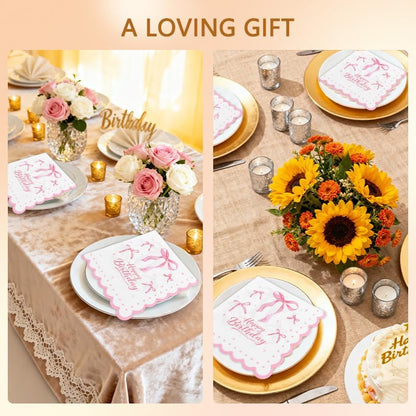 Pink Bow Birthday Napkins for Party Coquette Birthday Decorations for Women Girls Bridal Shower Bachelorette Weeding Party Supplies Bow Theme Cocktail Paper Napkins 20 Pcs