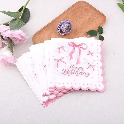 Pink Bow Birthday Napkins for Party Coquette Birthday Decorations for Women Girls Bridal Shower Bachelorette Weeding Party Supplies Bow Theme Cocktail Paper Napkins 20 Pcs