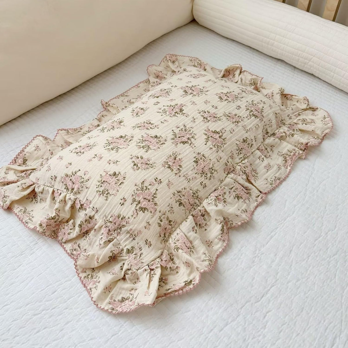 Vintage Floral Pillow Cases King with Ruffles, Pink Peony, 20"x36"