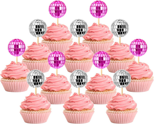 Disco Ball Cupcake Toppers, 24Pcs, Pink, Silver