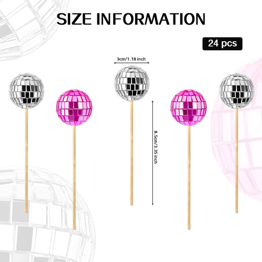 Disco Ball Cupcake Toppers, 24Pcs, Pink, Silver