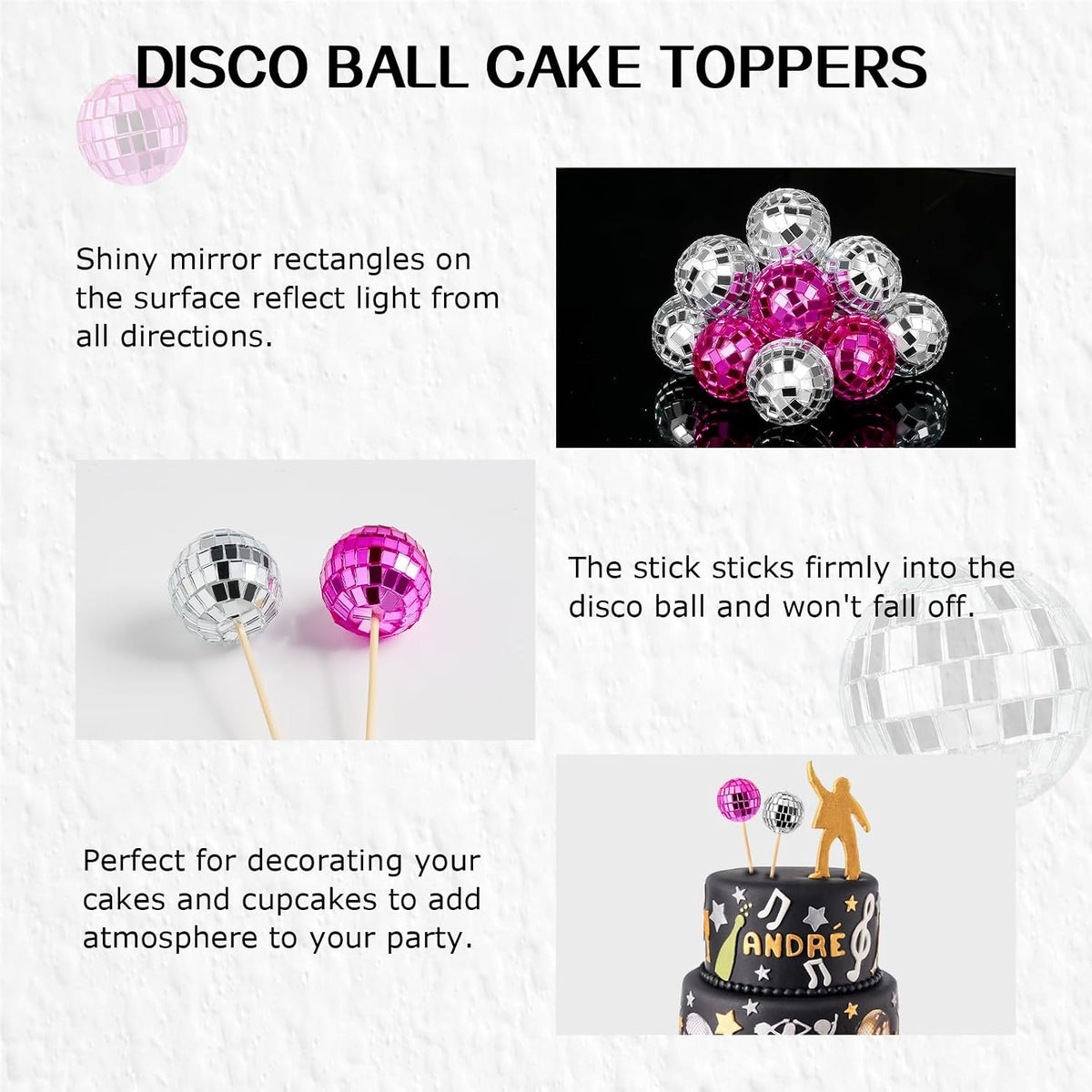 Disco Ball Cupcake Toppers, 24Pcs, Pink, Silver