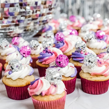Disco Ball Cupcake Toppers, 24Pcs, Pink, Silver