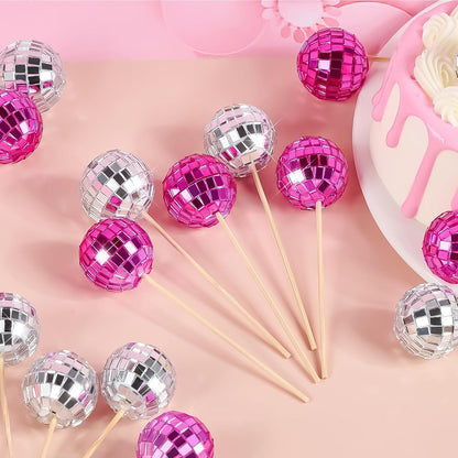 Disco Ball Cupcake Toppers, 24Pcs, Pink, Silver