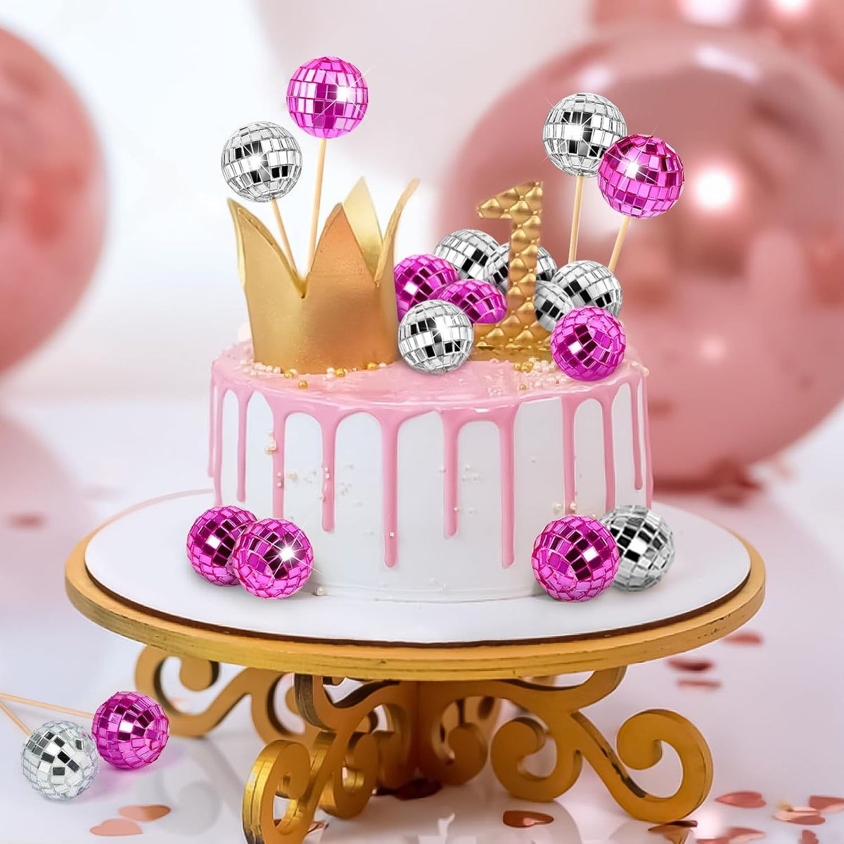 Disco Ball Cupcake Toppers, 24Pcs, Pink, Silver