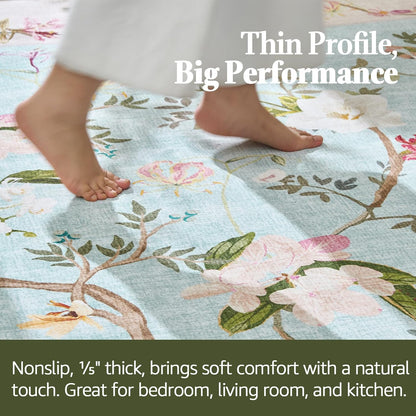 3x10 Washable Long Hallway Runner Rug, Neutral Floral, Blue/Pink