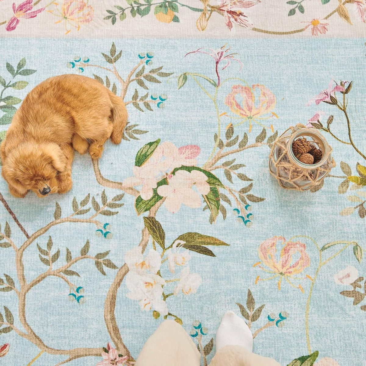 3x10 Washable Long Hallway Runner Rug, Neutral Floral, Blue/Pink