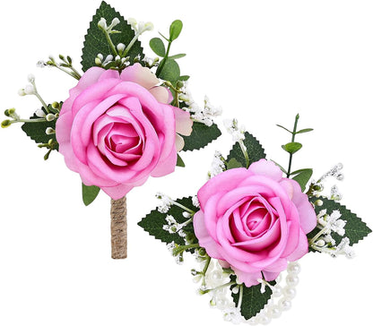2Pcs Pink Wrist Corsage and Men Boutonniere Set, Artificial Flower Wristlet Band Bracelet, Rose Boutonniere Accessories for Wedding Prom Party Homecoming Decorations