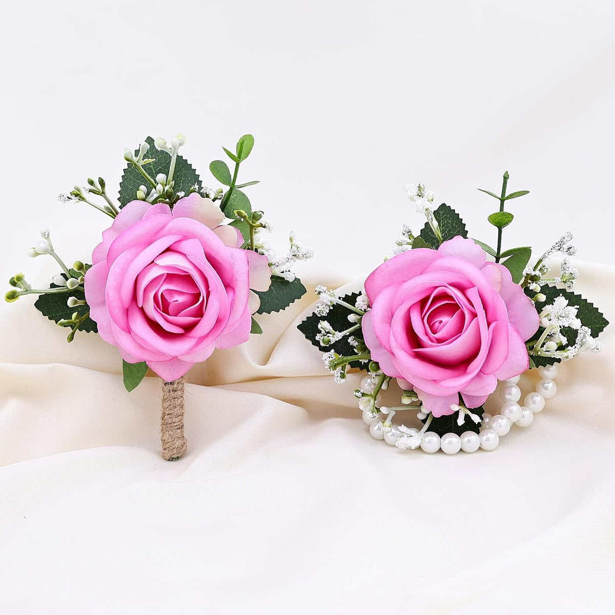 2Pcs Pink Wrist Corsage and Men Boutonniere Set, Artificial Flower Wristlet Band Bracelet, Rose Boutonniere Accessories for Wedding Prom Party Homecoming Decorations